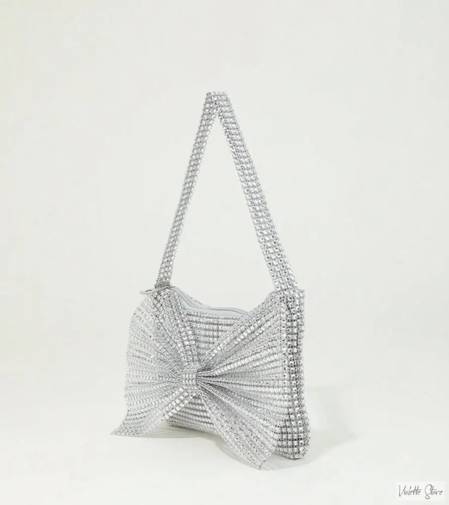 Štrasová kabelka s mašlí stříbrná