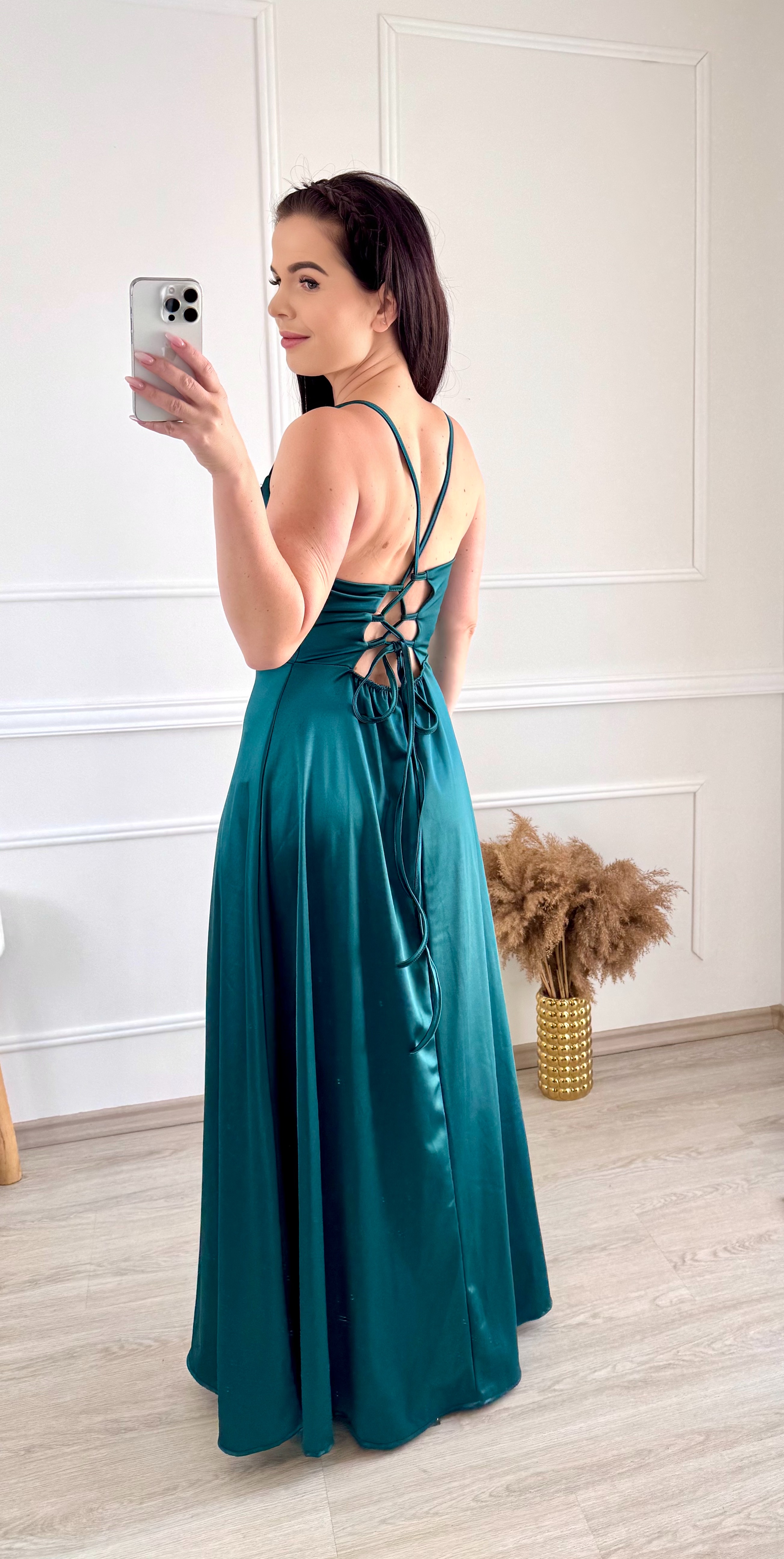 Saténové šaty s řasením Cindy / smaragdové