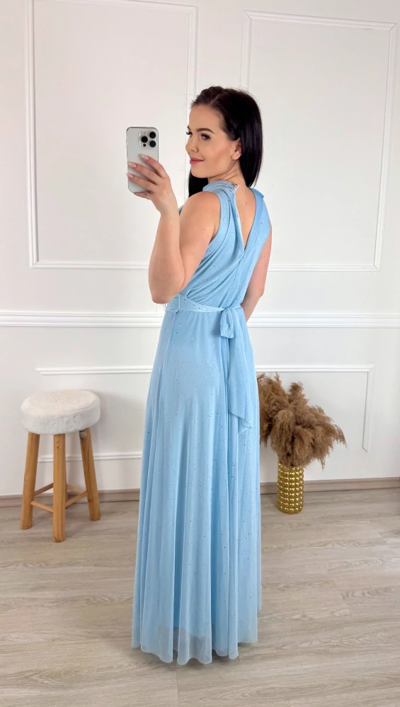 Tylové šaty za krk se třpytkami/  nebesky modré 