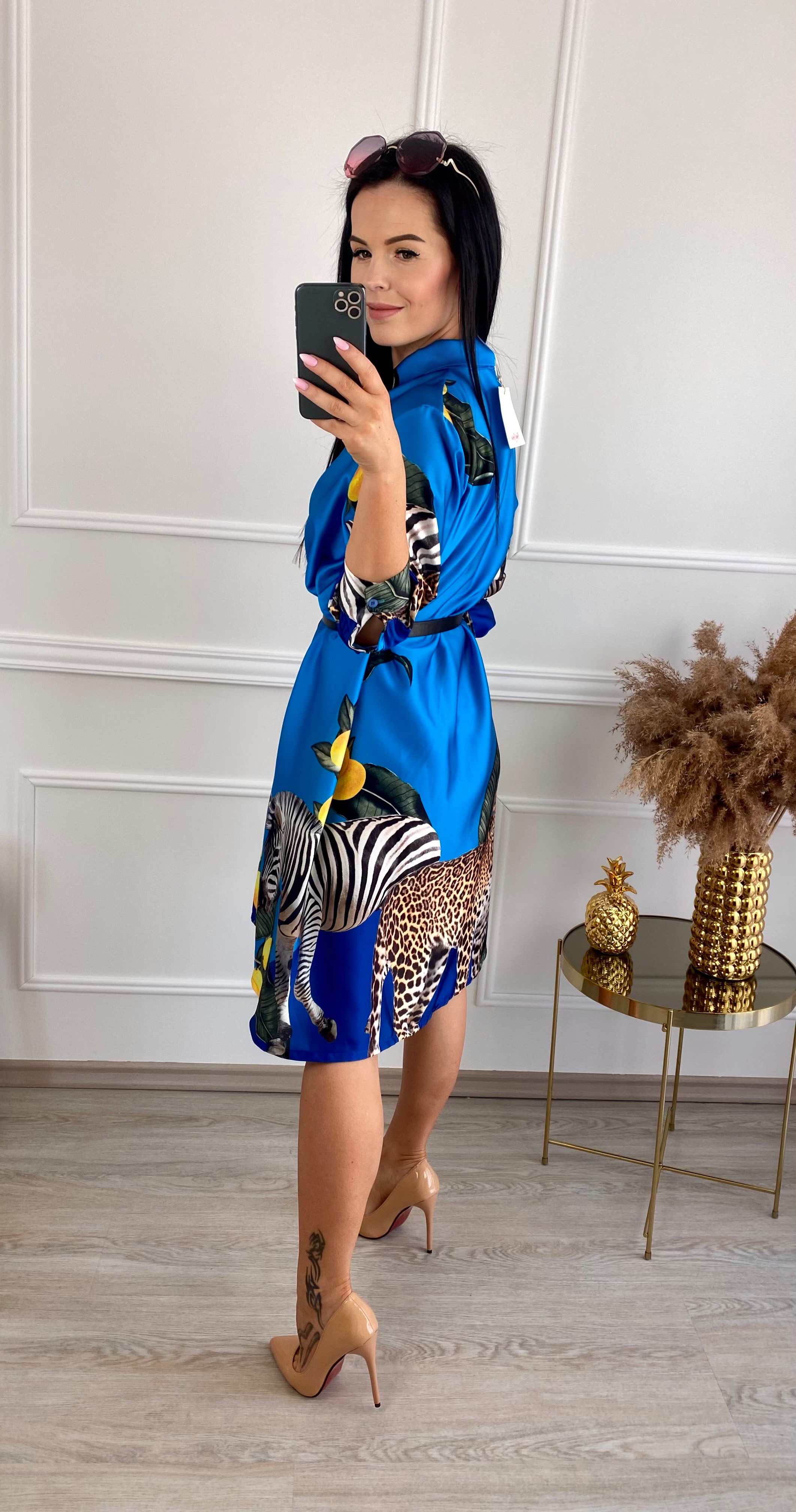 Saténové šaty Tropical/modré